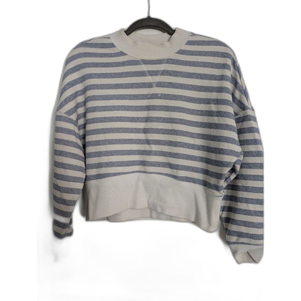 FRAME Striped Cropped Sweatshirt XS Blue White Chambray Multi Cotton Pullover - Picture 2 of 6